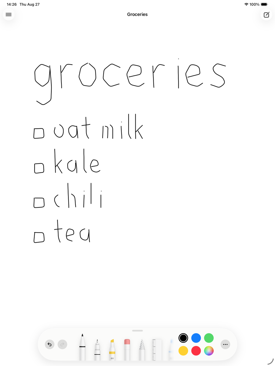 Tetr on iPad showing a handwritten grocery list on an endless canvas